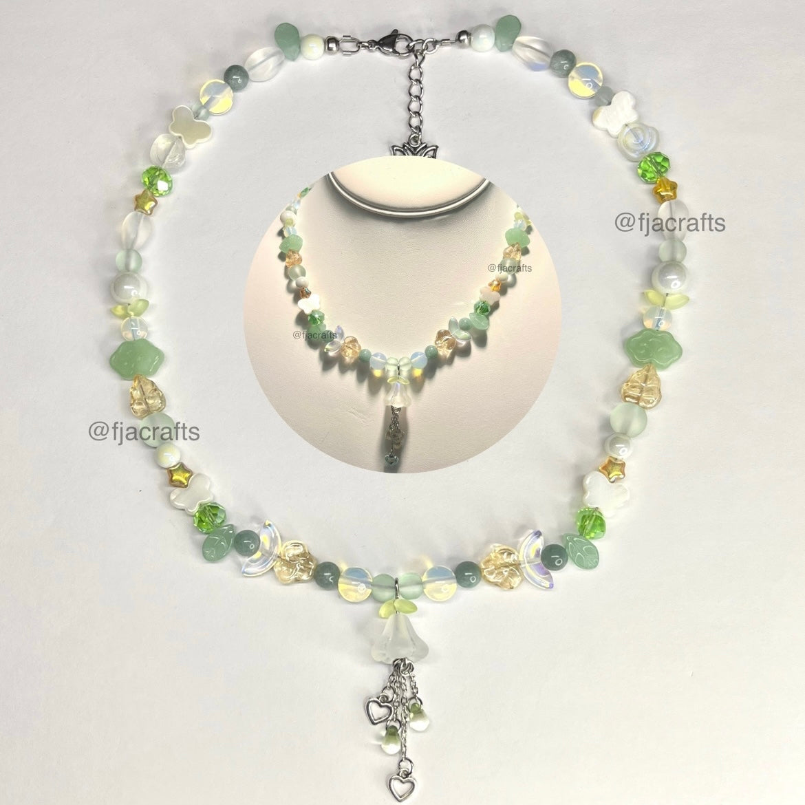 Willow Jelly Necklace | flowers, leaves, clouds, butterflies | green, yellow, jade FJA Crafts