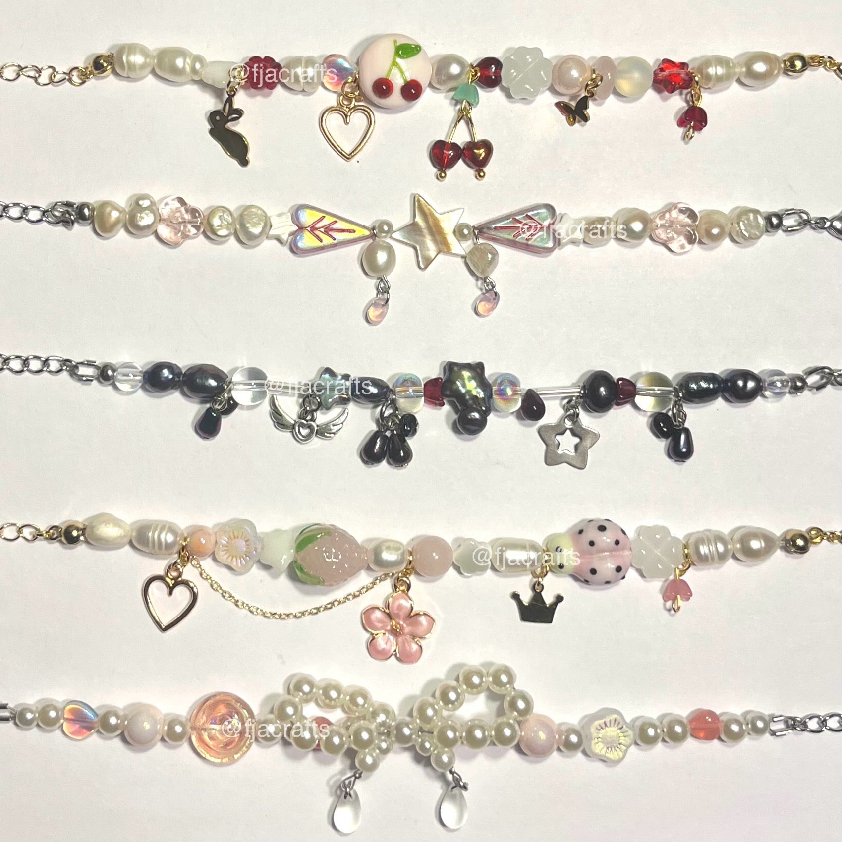 Bows & Stars Cute Dainty Pearl Charm Bracelets | silver, black, pink, hearts, coquette | Sweetheart Jewels FJA Crafts