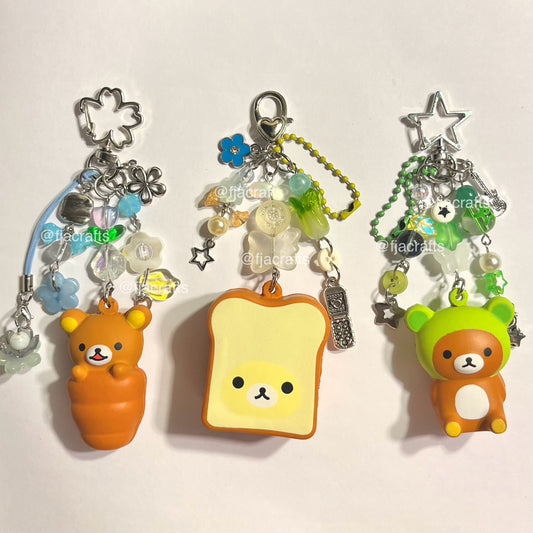Rila Bear Cute Kawaii Beaded Clutter Squishy Keychain Bag Clip | kkuma brown bread bun yellow green frog FJA Crafts