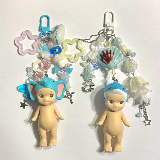 Dolphin & Elephant Angel Charms Kawaii Beaded Keychain Bag Clip | Sonny, charm, cute, white, pink, blue, ocean, jellyfish FJA Crafts