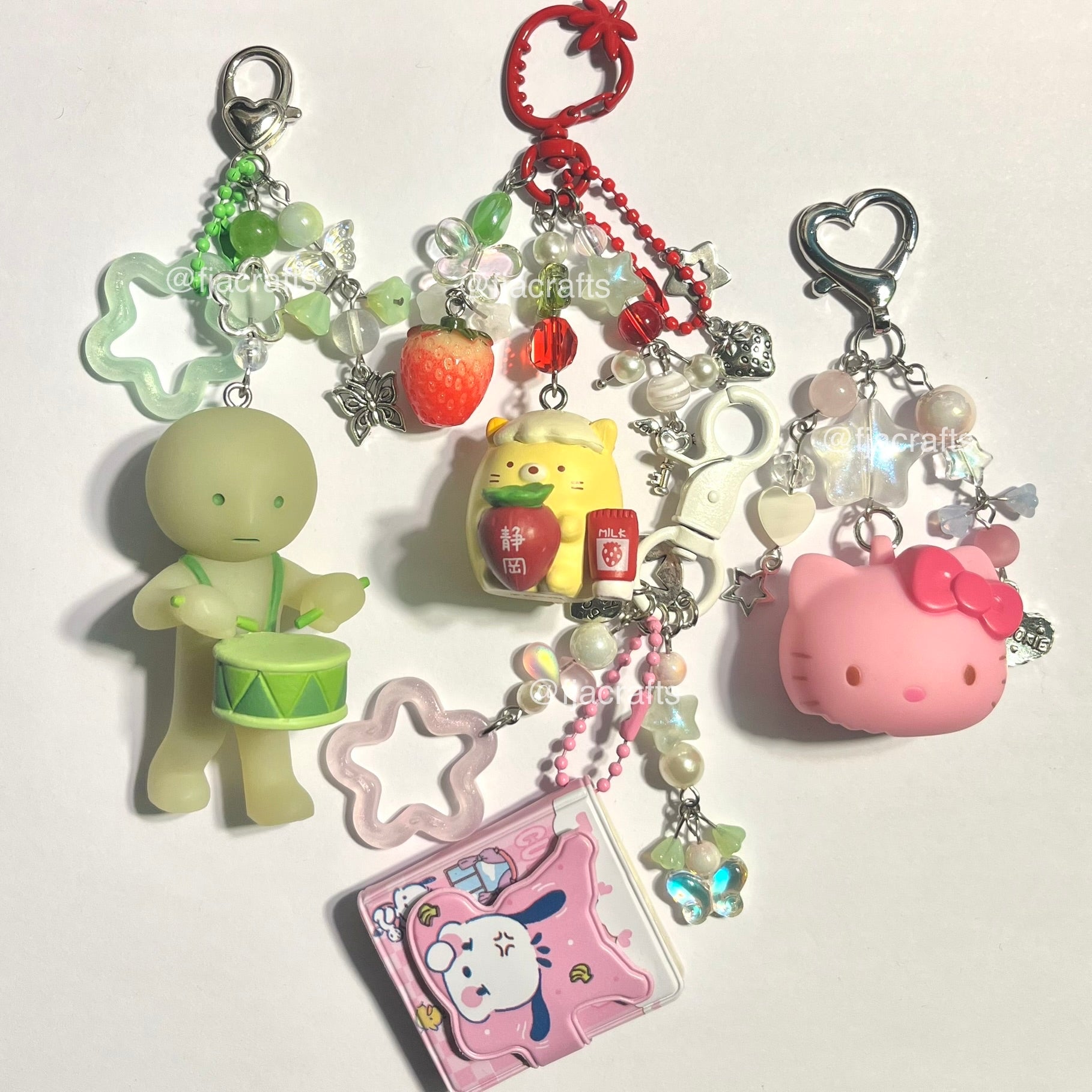 Neko Pocha Kitty Smis Cute Kawaii Beaded Keychain Bag Clip | strawberry mochi diary drums glow in dark | ki, red, green pink FJA Crafts