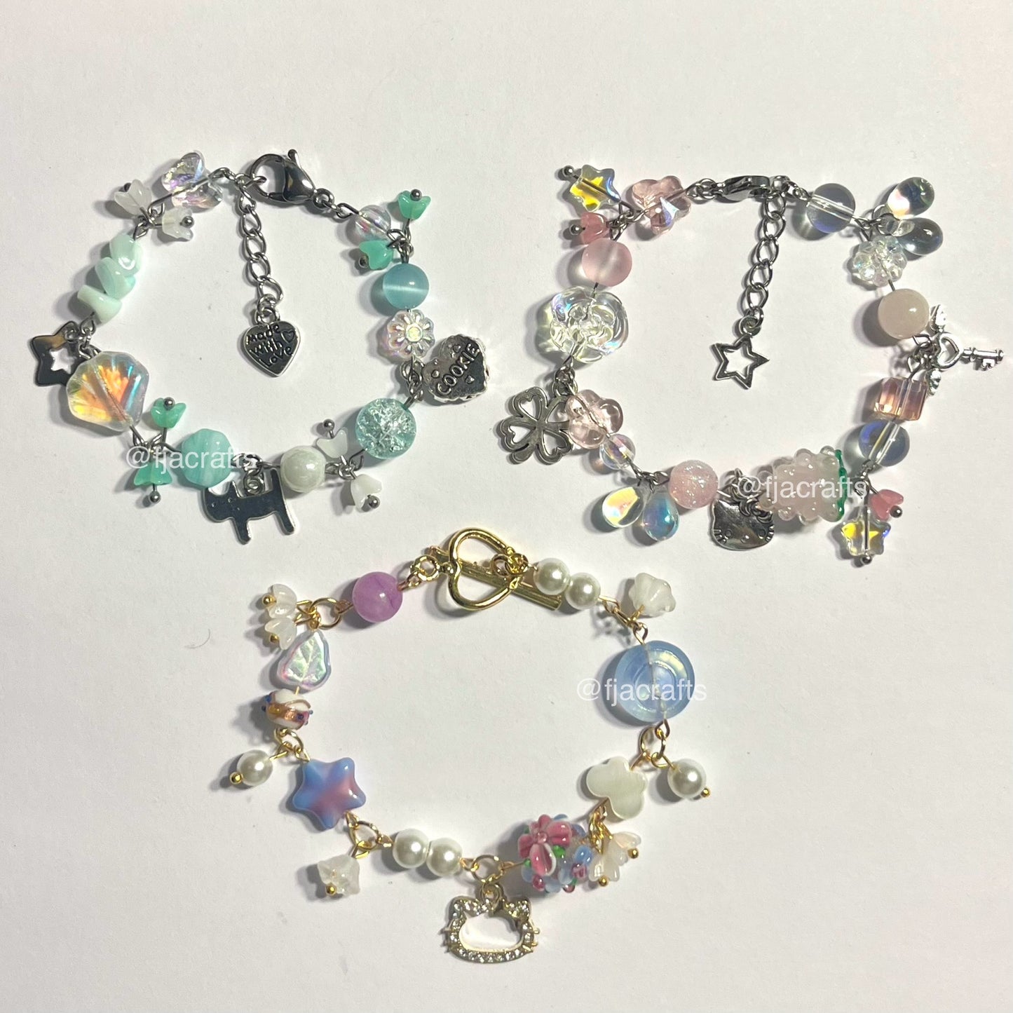 Cute Dainty Jiggly Clutter Charm Bracelets | Seafoam green, light pink, purple blue gold FJA Crafts