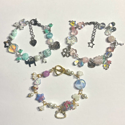 Cute Dainty Jiggly Clutter Charm Bracelets | Seafoam green, light pink, purple blue gold FJA Crafts