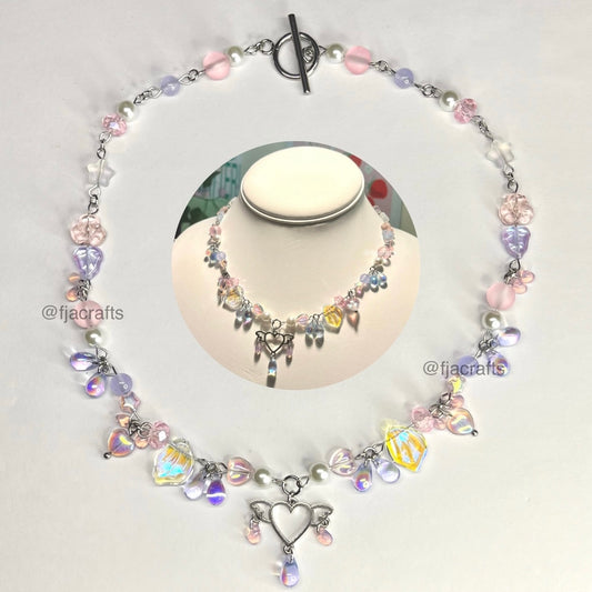 Love Bug Clutter Necklace | jiggly, heart, wing | purple, pink, clear, pearls FJA Crafts