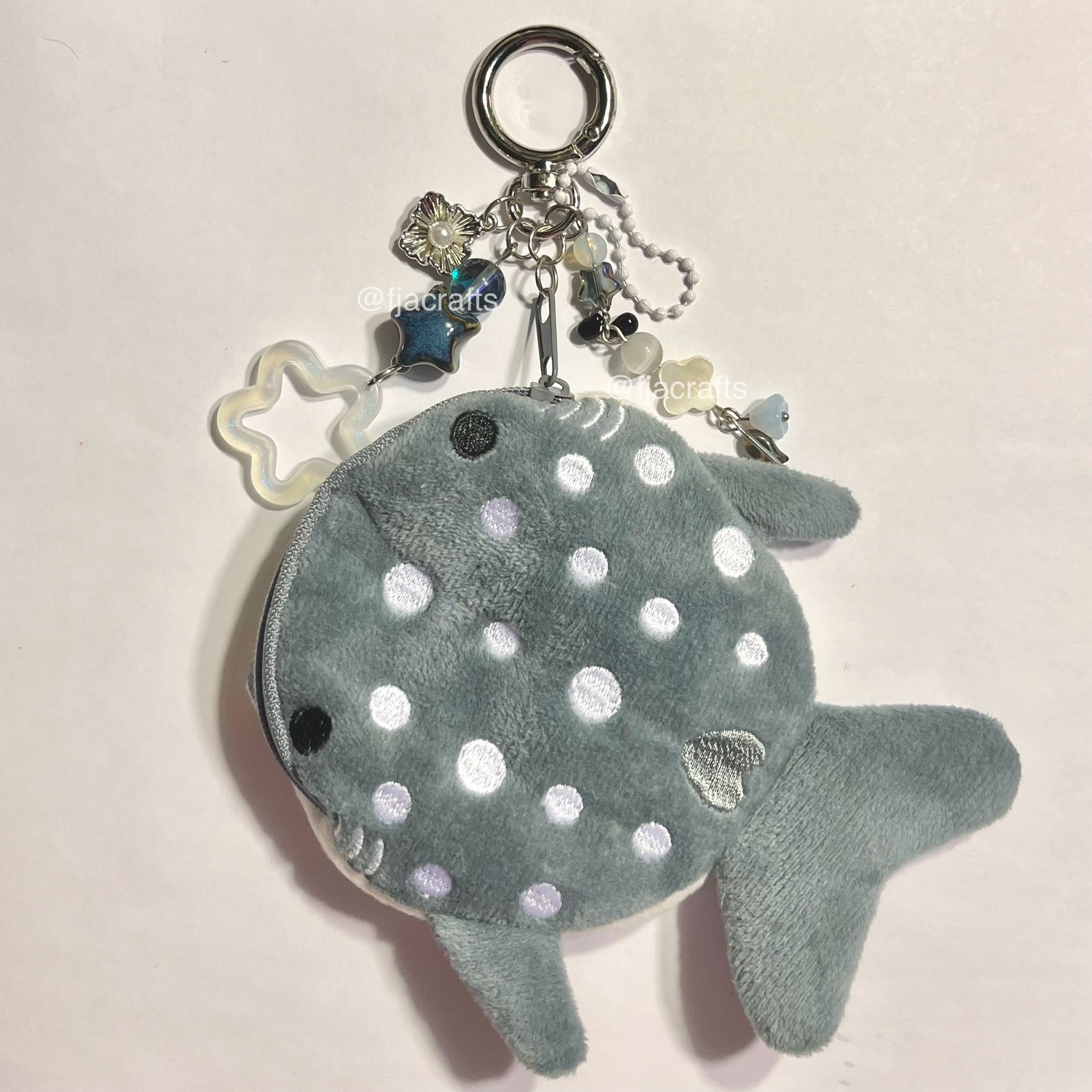 Whale Pouch Plushie Beaded Keychain Bag Clip | ocean blue gray zipper cute kawaii water FJA Crafts