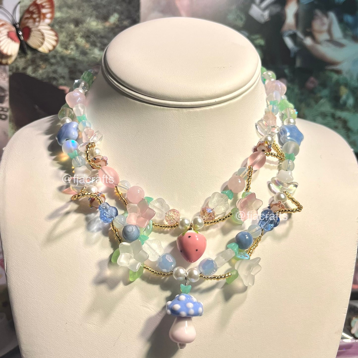 Enchantress Mushroom Jelly Necklace | blue, Pearl, gold, flowers FJA Crafts