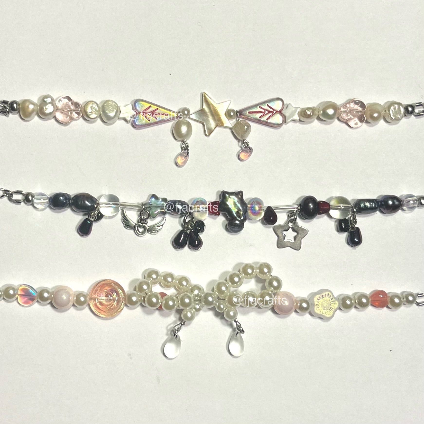 Bows & Stars Cute Dainty Pearl Charm Bracelets | silver, black, pink, hearts, coquette | Sweetheart Jewels FJA Crafts