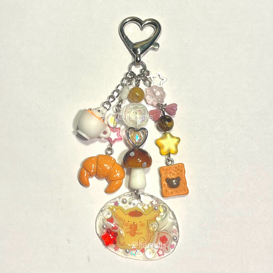 Café at Pain Kawaii Beaded Resin Keychain Bag Clip | Pom Pom , brown, pink, yellow, bread | Coffee Shop Collab FJA Crafts