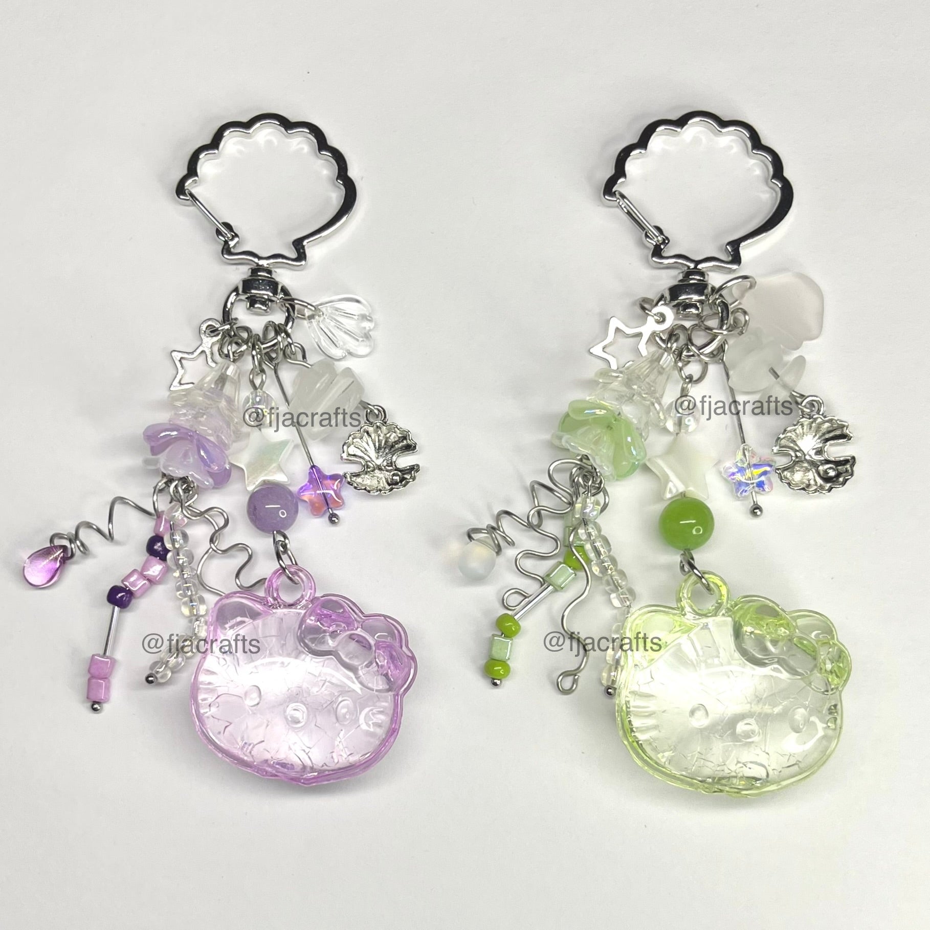 Jellyfish Kitty Kawaii Beaded Keychain Bag Clip | fish, shell, purple green cracked glass FJA Crafts