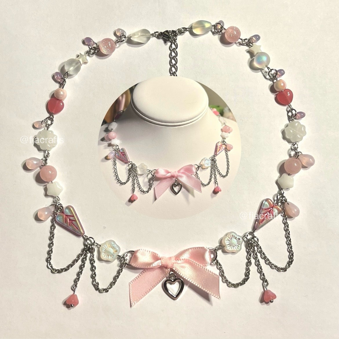 Clutter Necklace | heart pink bows silver cute coquette chains | Girlhood Magazine Collab FJA Crafts