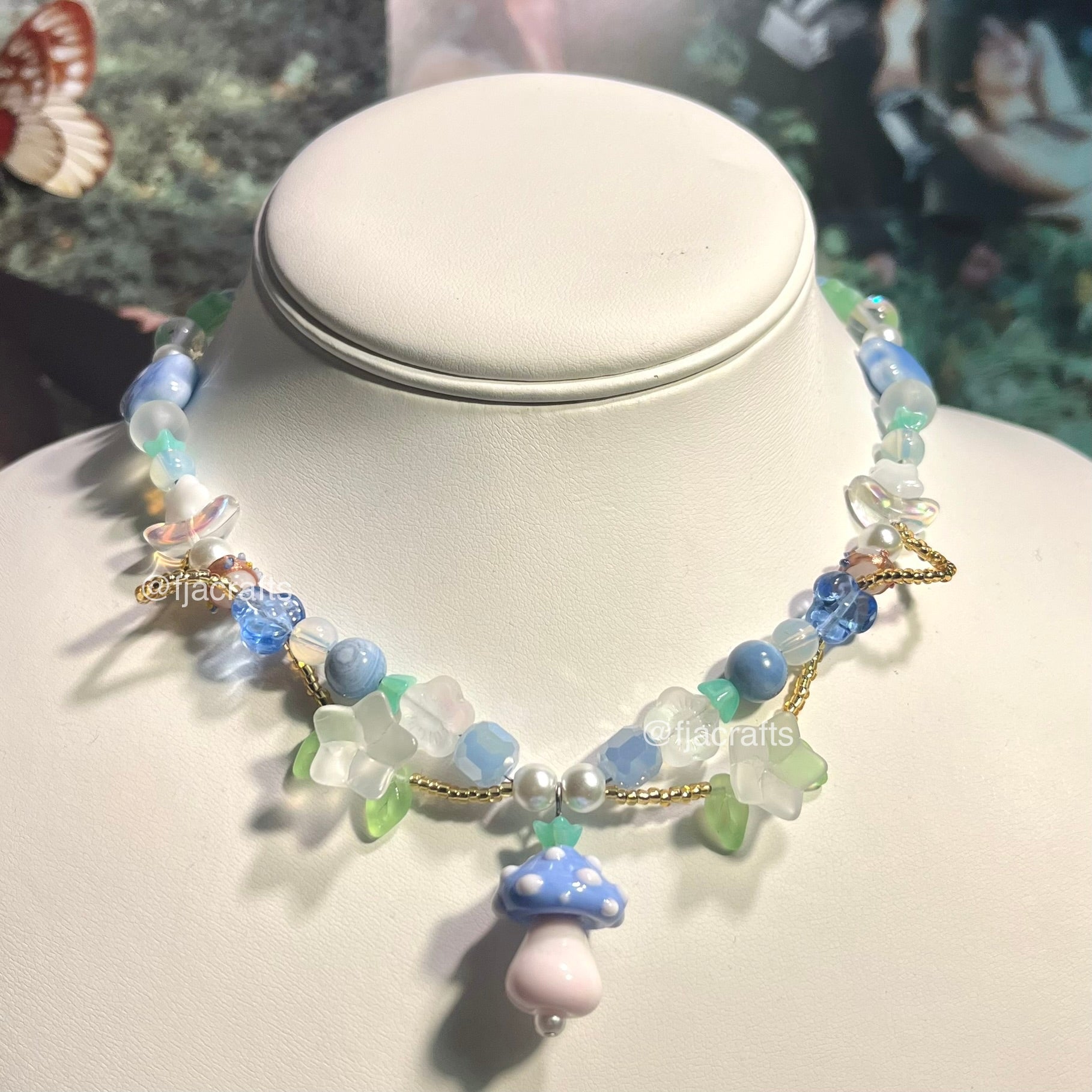 Enchantress Mushroom Jelly Necklace | blue, Pearl, gold, flowers FJA Crafts