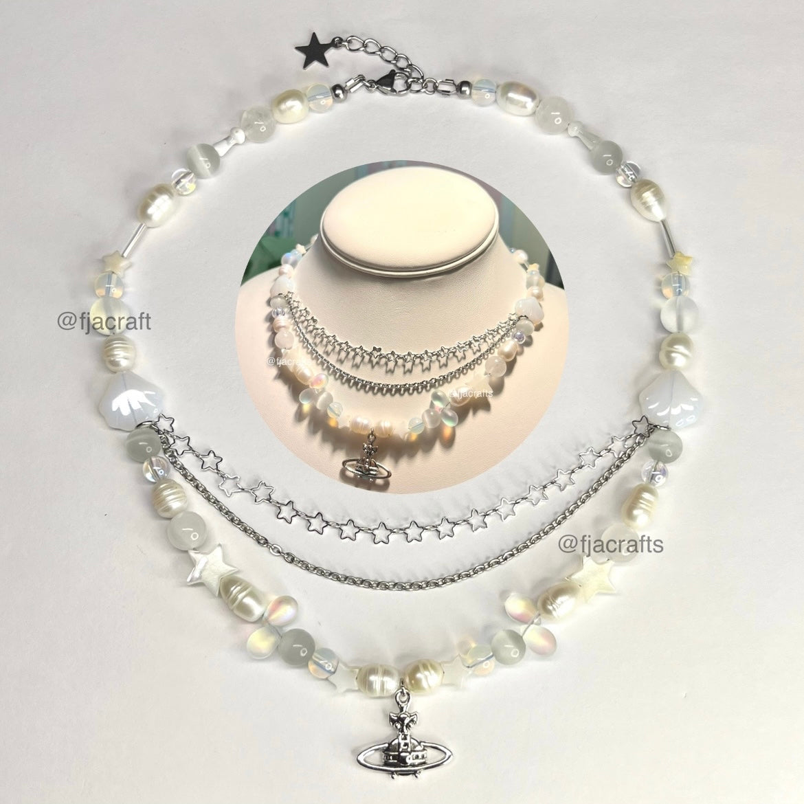 West Star Pearl Necklace | stars, chains | freshwater iridescent pearlescent white gray FJA Crafts
