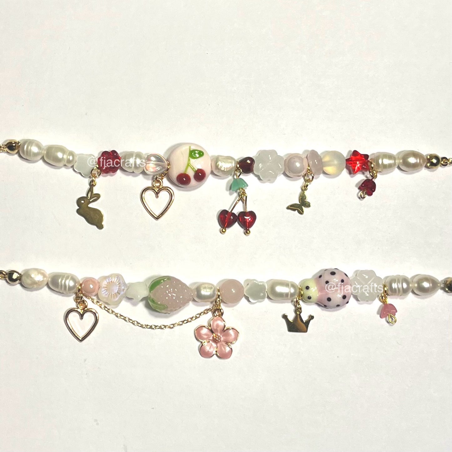 Cherry & Love Bug Cute Dainty Pearl Charm Bracelets | gold, red, pink, flower, strawberry FJA Crafts
