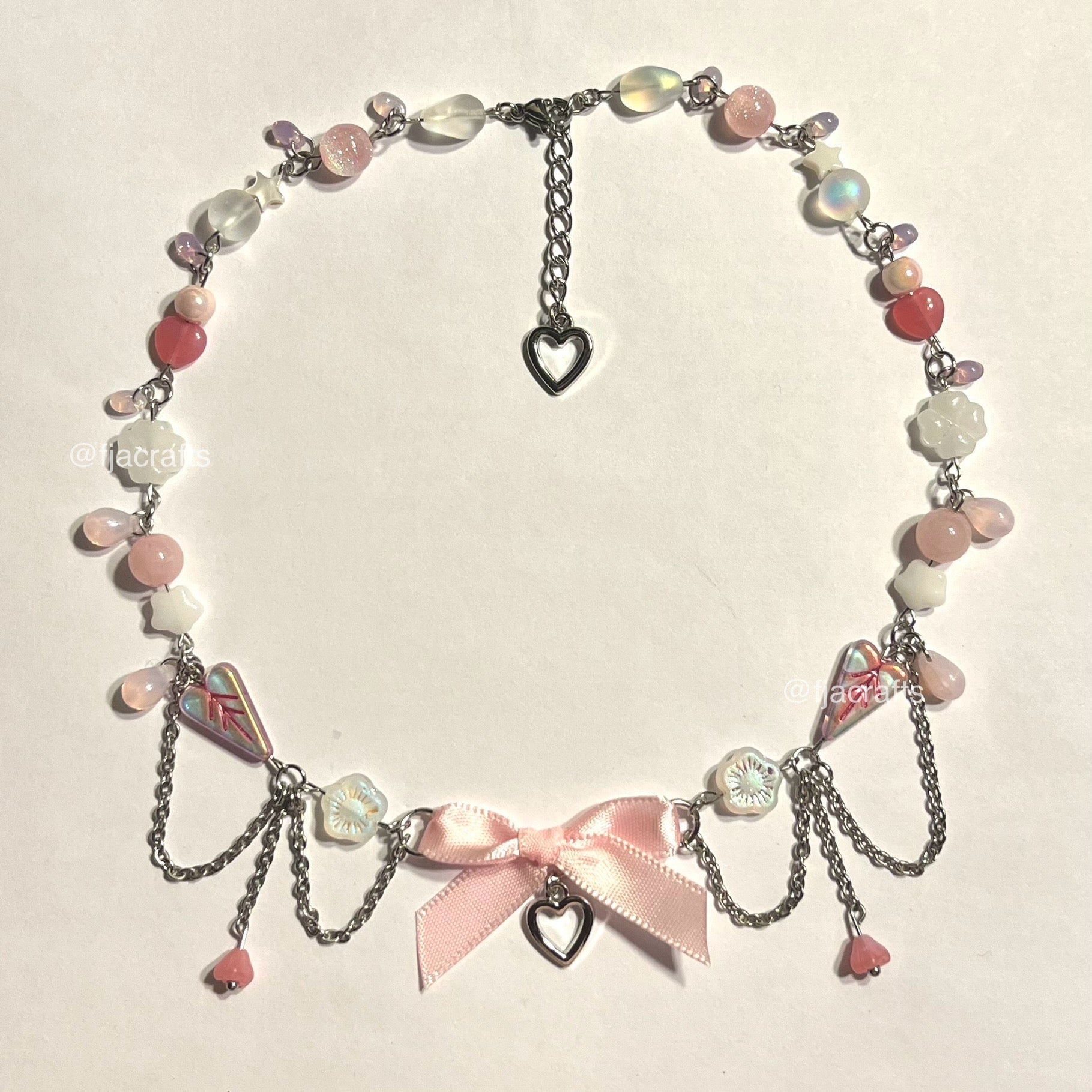 Clutter Necklace | heart pink bows silver cute coquette chains | Girlhood Magazine Collab FJA Crafts