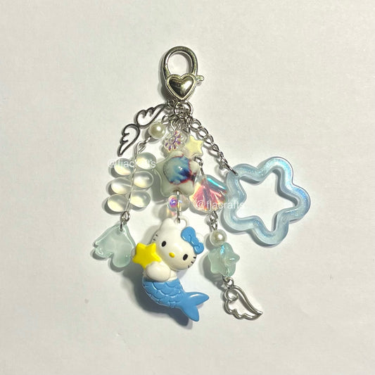 Mermaid Kitty Cute Kawaii Beaded Keychain Bag Clip | white, blue, stars | Atlantica Collection FJA Crafts