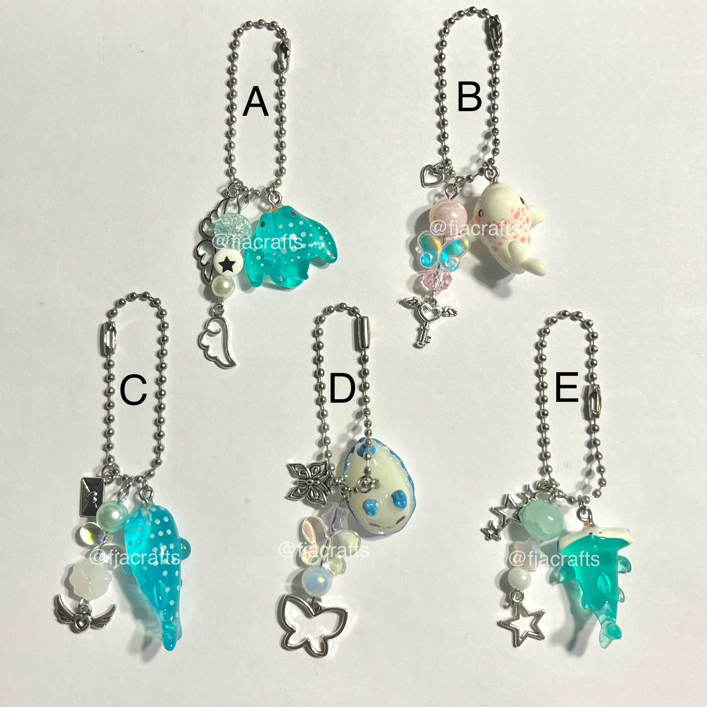 Ocean Critters Kawaii Beaded Keychain Bag Clip Charm | Atlantica Collection | whale, Shark, sting Ray, blue, teal, white, pink FJA Crafts