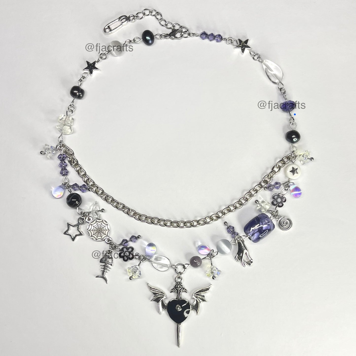 Villain Era Clutter Necklace | jiggly, spider, web, sword, fish, stars, hand | purple, black, clear, silver FJA Crafts