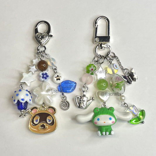 Ani Crossing Cinna Cute Kawaii Beaded Keychain Bag Clip | green, brown, blue, raccoon, dog | Outdoorsy Collection FJA Crafts
