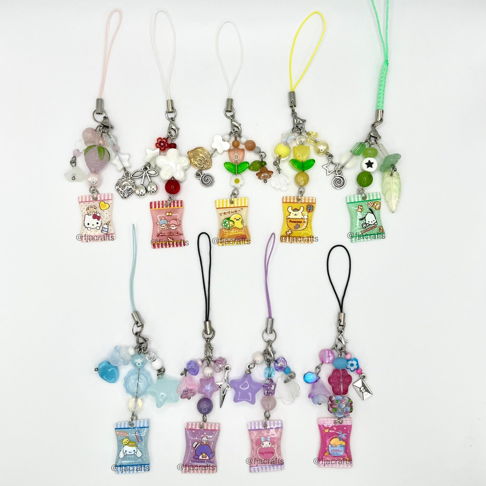 Kawaii Friends Characters Phone Charms | rainbow, red, pink, blue, purple FJA Crafts