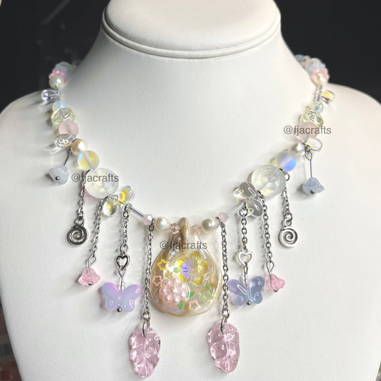 Princess Genevieve Dangle Necklace | floral, flowers, pink, blue, purple, barb, dancing princess FJA Crafts